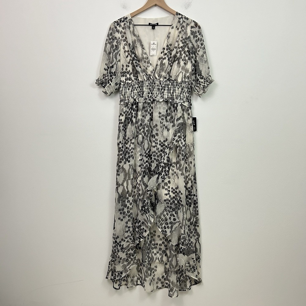 Express Snakeskin Print Smocked Maxi Dress Grey White V-Neck High-Low Medium NWT